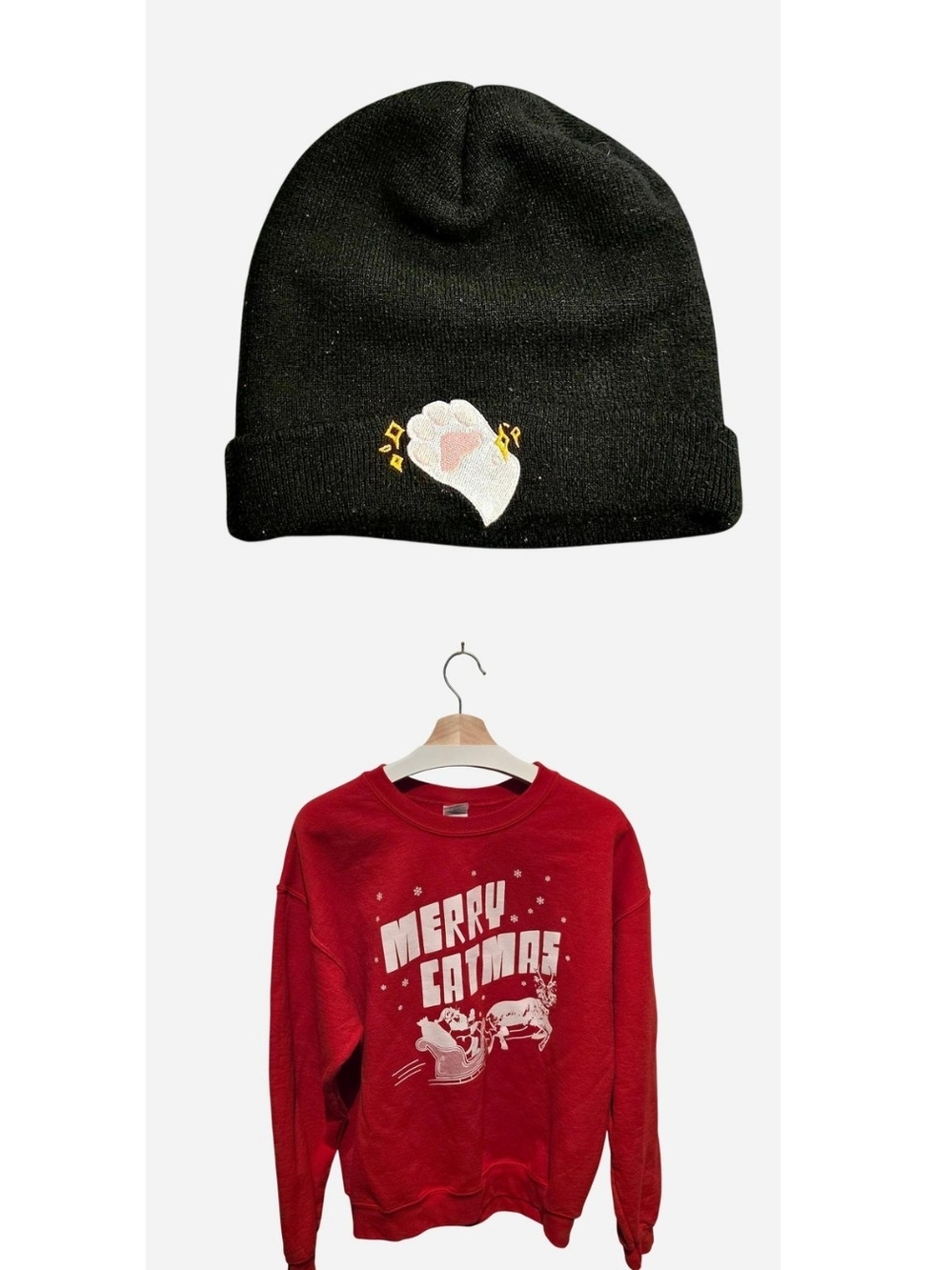 Holiday Cat Lover Bundle - "Merry Catmas" Graphic Sweater + Cat Paw Beanie